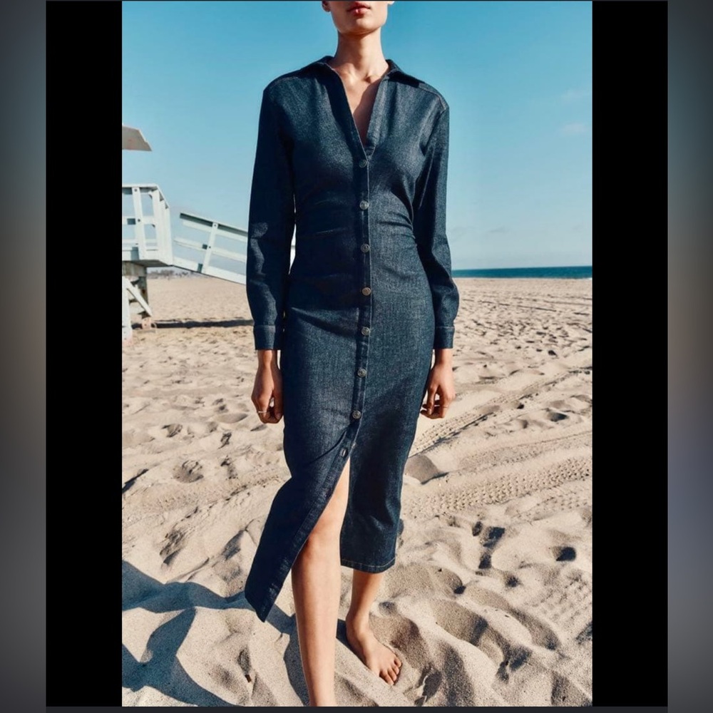 Zara Dark Denim Long-Sleeve Button-Front Midi Dress
